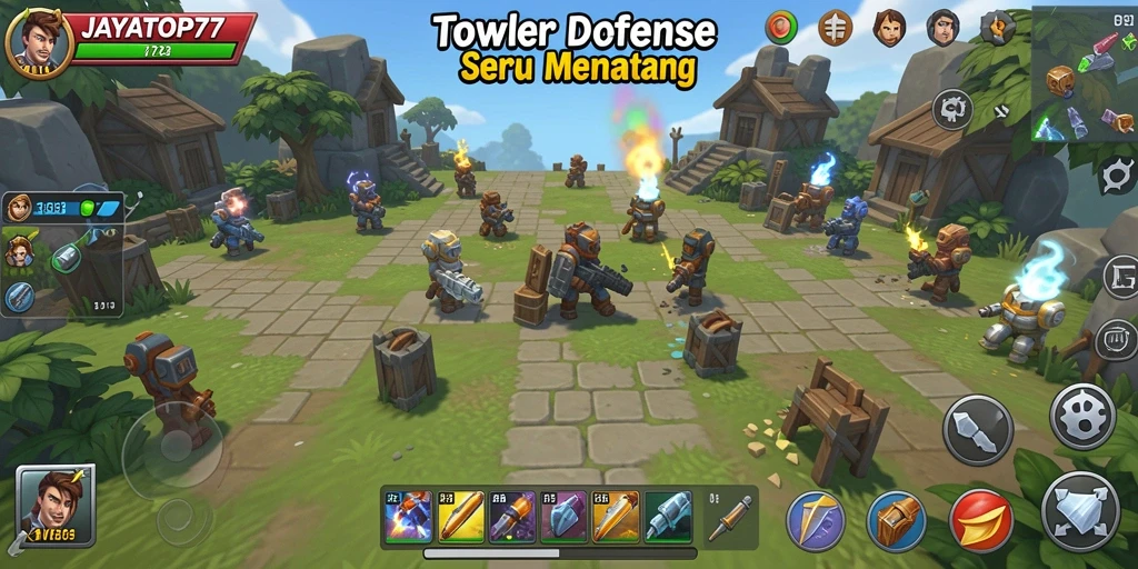 Screenshot menunjukkan gameplay intens dari JAYATOP77 Tower Defense.