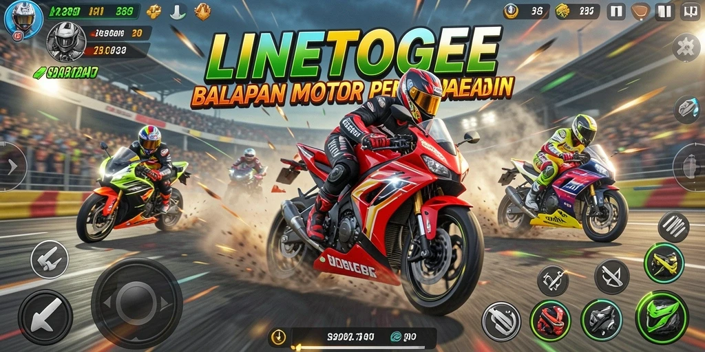 Tampilan gameplay seru di LINETOGEL dengan balapan motor yang menegangkan.