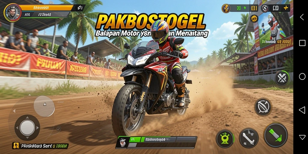 Tampilan gameplay PAKBOSTOGEL yang mendebarkan dengan balapan motor yang seru.