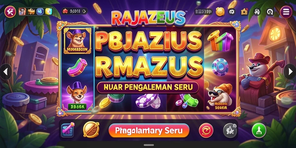 Tampilan gameplay RAJAZEUS dengan animasi yang memikat dan fitur menarik.