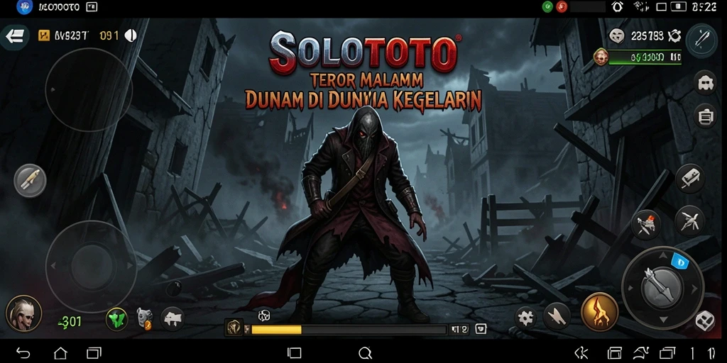 Screenshot gameplay SOLOTOTO dengan suasana mencekam dan elemen horror.